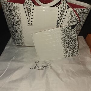 Christian Lb White and Black Croc-Embossed Tote Bag